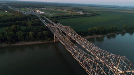 Aerial-shot-of-Bi-State-Vietnam-Gold-Star-Bridges-with-Indiana-Ellis-Park-in-background