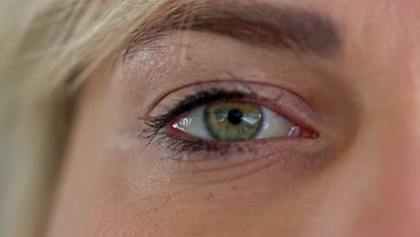 Close-up-shot-of-young-white-woman's-green-eyes-wearing-light-make-up-and-mascara