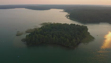 lake-sunset,-island-aerial-shot