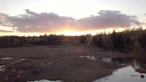 DOLLY-ZOOM-effect-on-low-aerial-shot-over-the-pond-towards-the-sunset