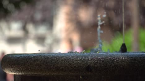 Close-up-view-of-water-fountain-spitting-out-water-with-blurred-bokeh-background-in-park-setting-SLOW-MOTION