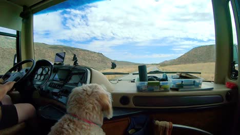 Pov-Des-Beifahrers-In-Einer-Großen-Klasse-Ein-Freizeitfahrzeug-Während-Der-Fahrt-Durch-Die-Okanogan-Highlands-Des-Bundesstaates-North-Central-Washington-Mit-Einem-Labradoodle-Hund-Im-Vordergrund