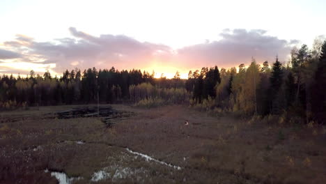 Niedrige-Luftaufnahme-über-Dem-Teich-In-Richtung-Sonnenuntergang-Im-Ländlichen-Gebiet-Von-Lettland,-Europa