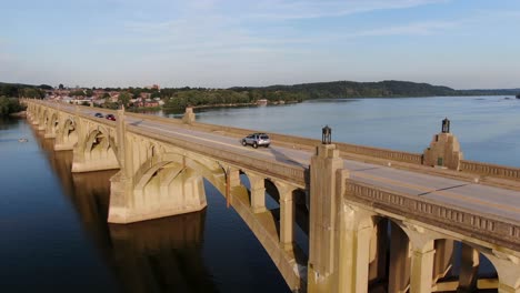 Static-aerial-shot-of-Veterans-Memorial-Bridge-traffic-between-Lancaster-and-York-PA-at-Susquehanna