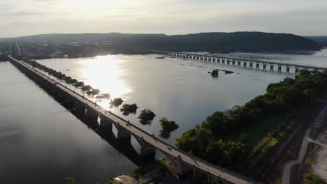 High-aerial-STATIC-shot-of-traffic-crossing-the-Susquehanna-River,-Lancaster-and-York-Pennsylvania,-Route-30-and-Route-462