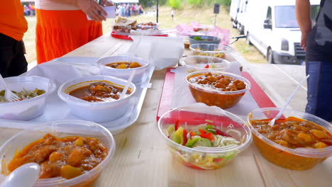 Multiple-dishes-of-stew-and-goulash-served-in-plastic-containers
