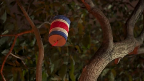 Traditional-Costa-Rican-Lantern-with-Flag-Pattern-Hanging-From-Tree