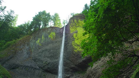 Latourell-Wasserfall,-Bach,-Basaltsäulen,-Blattwerk,-Neigung-Nach-Unten,-Slomo