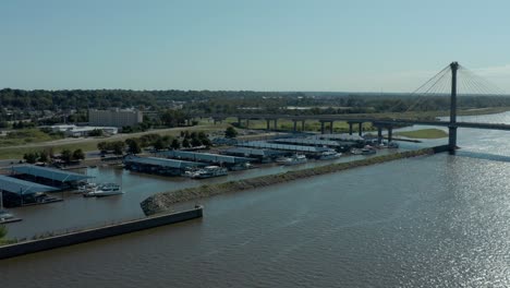 Drone-footage-of-the-Alton,-Illinois-harbor-and-the-Clark-Bridge-over-the-Mississippi-River