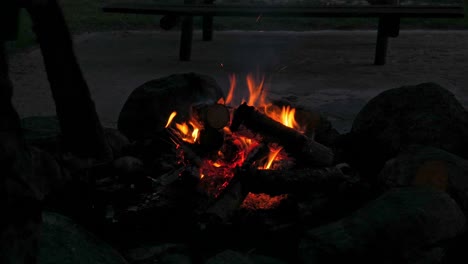 A-medium-shot-of-a-bonfire-started-at-a-campsite