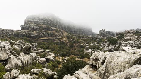 El-Torcal-de-Antequera-Malaga-,-Andalusia,-Spain-on-a-cloudy-foggy-day,-Time-Lapse