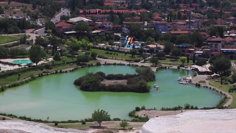 Green-lake-and-the-boats-in-it-seen-from-Pamukkale-in-Turkey