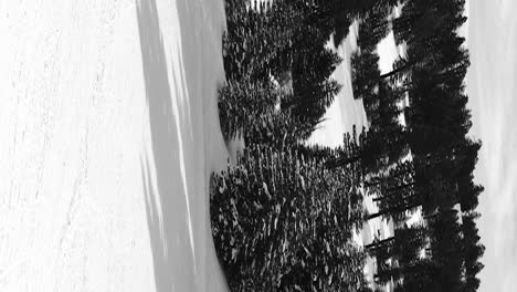 VERTICAL-pan-from-the-first-person-view-of-a-chairlift-to-a-distant-skier-making-their-way-down-the-slopes,-Powder-Mountain,-Utah