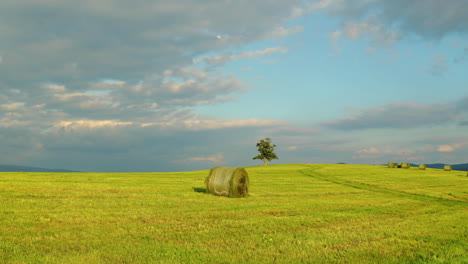 Hill-with-an-abandoned-tree-during-the-day-with-a-view-of-a-stack-of-hay-or-straw-and-a-view-of-clouds-and-surrounding-nature-panoramic-landscape-view-in-4k-60fps-capture