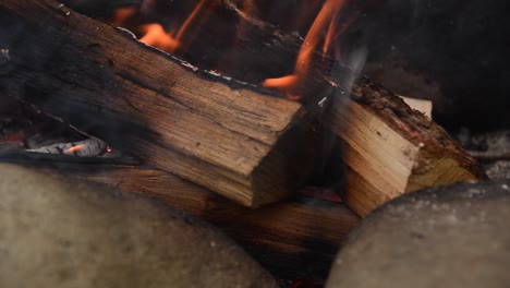 Close-up-of-chopped-wood-logs-burning-on-hot-smoking-campfire-outdoors-in-the-forest