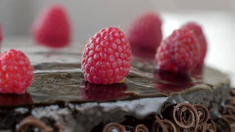 Close-up-shot-of-chocolate-cake-topped-with-raspberries-and-garnished-chocolate-spirals-rotating-clockwise