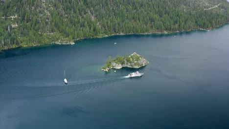 Aerial-of-Fanette-Island-in-Emerald-Bay,-Lake-Tahoe-in-4K