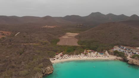 Amazing-aerial-of-Grote-Knip-is-a-beach-on-the-Caribbean-island-of-Curacao,-located-at-the-western-side-of-the-island