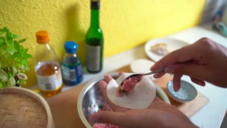 Manos-Masculinas-Preparando-Albóndigas-De-Gyoza-Japonesas-En-Un-Entorno-De-Cocina-Brillante,-Vista-Bloqueada