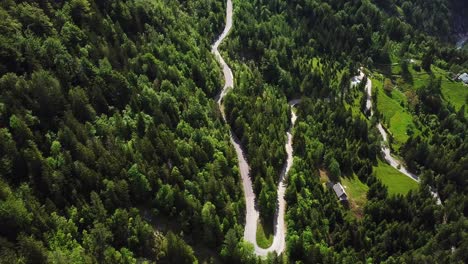 Toma-De-Drones,-Vista-Superior,-De-Una-Carretera-Rural-Eslovena-Rodeada-Por-Un-Bosque-De-Montaña