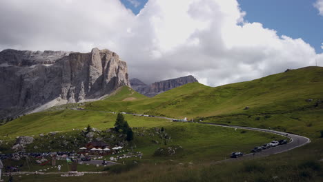 View-from-Sassolungo---Langkofel-as-cars-go-over-the-Sella-Pass-in-the-Italian-Dolomites