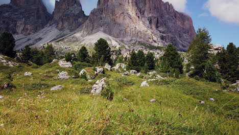 Pan-from-a-beautiful-alpine-meadow,-up-to-the-rugged-peaks-of-the-Sassolungo-or-Langkofel
