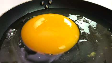 Big-ostrich-egg-cracked-open-in-a-pan,-top-view
