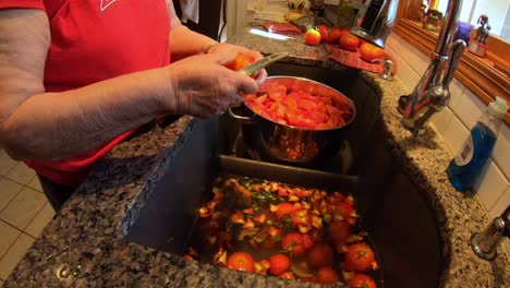 Mujer-Mayor-De-Pie-En-El-Fregadero-De-La-Cocina-Mientras-Prepara-Tomates-Cultivados-En-El-Jardín-Para-Enlatar