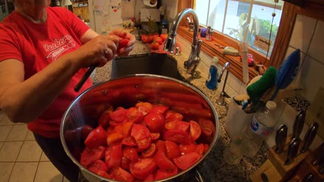 Mujer-Mayor-De-Pie-En-La-Cocina-Mientras-Prepara-Tomates-Cultivados-En-El-Jardín-Para-Enlatar