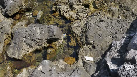 Rock-formation-with-transparent-water-and-plastic