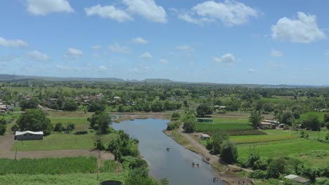 Aerial-view-Indian-Rural-Village-at-the-beautiful-river-bank
