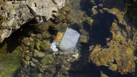 Product-label-plastic-floats-in-clean-seawater-between-rocks