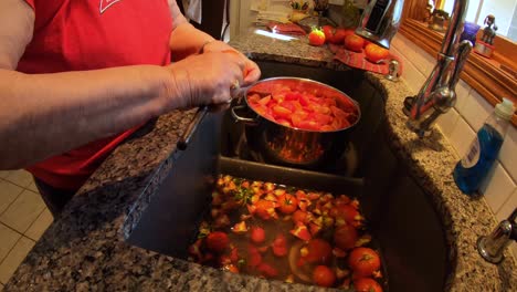 Mujer-Mayor-De-Pie-En-El-Fregadero-De-La-Cocina-Mientras-Prepara-Tomates-Cultivados-En-El-Jardín-Para-Enlatar