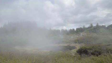 A-wide-shot-of-thermal-activity-coming-from-a-crater-at-Craters-of-the-Moon-in-Taupo,-NZ