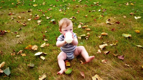 Glücklicher-Kleiner-Junge,-Der-Allein-Im-Park-Sitzt-Und-Milch-Aus-Der-Flasche-Trinkt,-Die-Sich-In-Blättern-Im-Kreis-Dreht