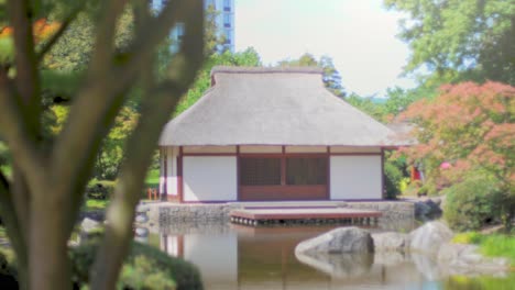 Japanisches-Teehaus-Neben-Einem-Teich-Mit-Spiegelungen-Im-Wasser
