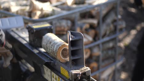 Close-up-slow-motion-shot-of-wooden-log-being-chopped-in-special-woodcutter