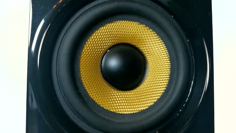 A-vibrating-membrane-on-Isolated-high-performance-black-and-golden-audio-speaker,-Part-7,-STILL,-SLOMO