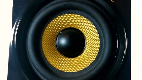 A-vibrating-membrane-on-Isolated-high-performance-black-and-golden-audio-speaker,-Part-3,-STILL