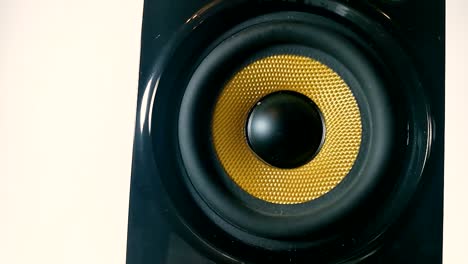 A-vibrating-membrane-on-Isolated-high-performance-black-and-golden-audio-speaker,-Part-2,-STILL,-SLOMO