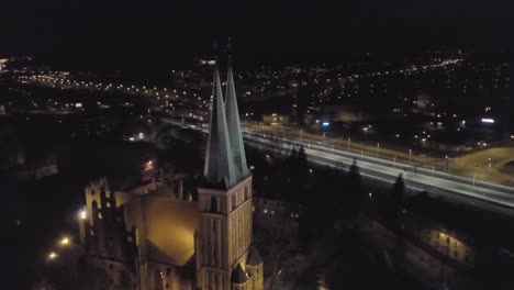 Aerial-View-Of-a-church-in-Olsztyn-Old-Town,-Poland