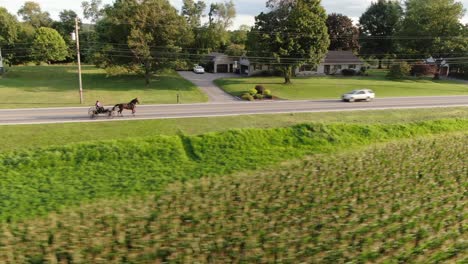 A-young-Amish-couple-courting-in-open-air-horse-and-buggy-carriage,-aerial-view,-Lancaster,-Pennsylvania