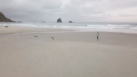 Adventurous-girl-walking-along-isolated-New-Zealand-beach-with-birds-flying-over