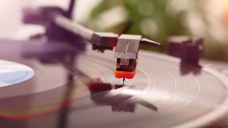 Close-up-shot-of-a-vinyl-record-spinning-on-a-turntable