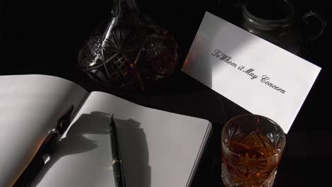 An-envelope-addressed-to-Whom-it-May-Concern-is-put-on-a-desk-beside-a-whisky-decanter--zoom-out