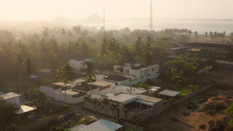 Hazy-sunrise-in-Kuta-Lombok,-Indonesia.-Aerial-shot
