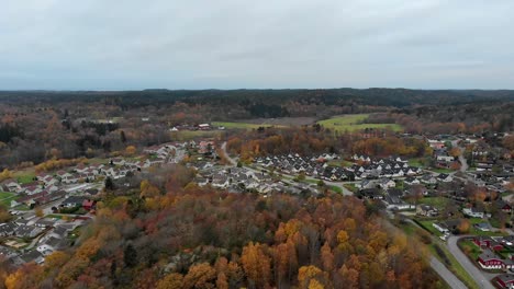 Aerial-over-the-town-of-Kallered-in-Gothenburg,-Molndal,-Sweden