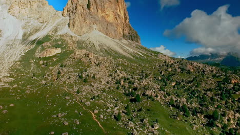 Aerial-shot-of-the-boulder-field-called-Città-dei-Sassi-or-City-of-stone-at-the-foot-of-the-Sassolungo---Langkofel-peak-in-the-Italian-Dolomites