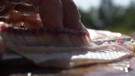 Handheld,-closeup-shot-of-a-self-supporting-man-cleaning-a-Perch-fish-fillet-outdoors,-on-a-wooden-cutting-board,-at-a-summer-kitchen,-shallow-depth-of-field