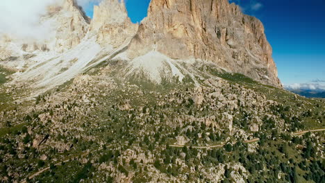 Aerial-shot-of-the-boulder-field-called-Città-dei-Sassi-or-City-of-stone-at-the-foot-of-the-Sassolungo---Langkofel-peak-in-the-Italian-Dolomites